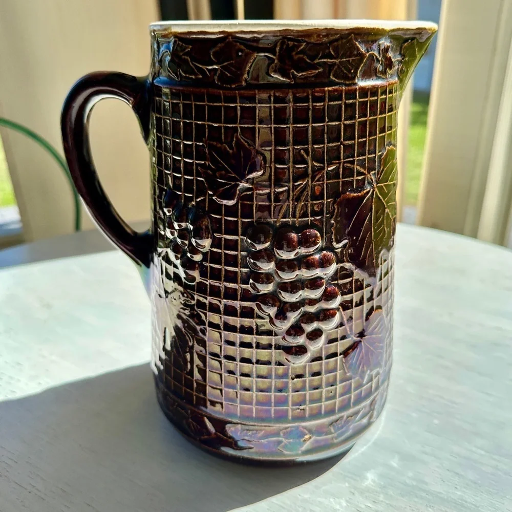 ANTIQUE, NORTH STAR POTTERY, “GRAPES ON LATTICE” PITCHER.